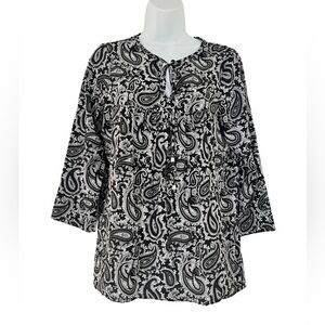 Michael Kors Women Black White Paisley Print Front Tie Tunic Shirt